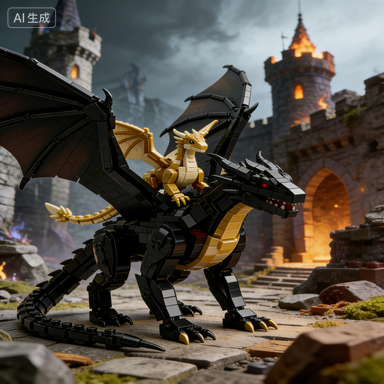 Black & Gold Dragon Rider Giant Building Block Model Fantasy Collectible Decor