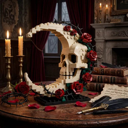 Gothic Skull Moon Rose Building Block Set | Dark Decor