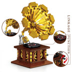 Vintage Phonograph Building Block Set | Retro Home Decor Desk Toy | Golden Gramophone Model | For Adults & Music Lovers