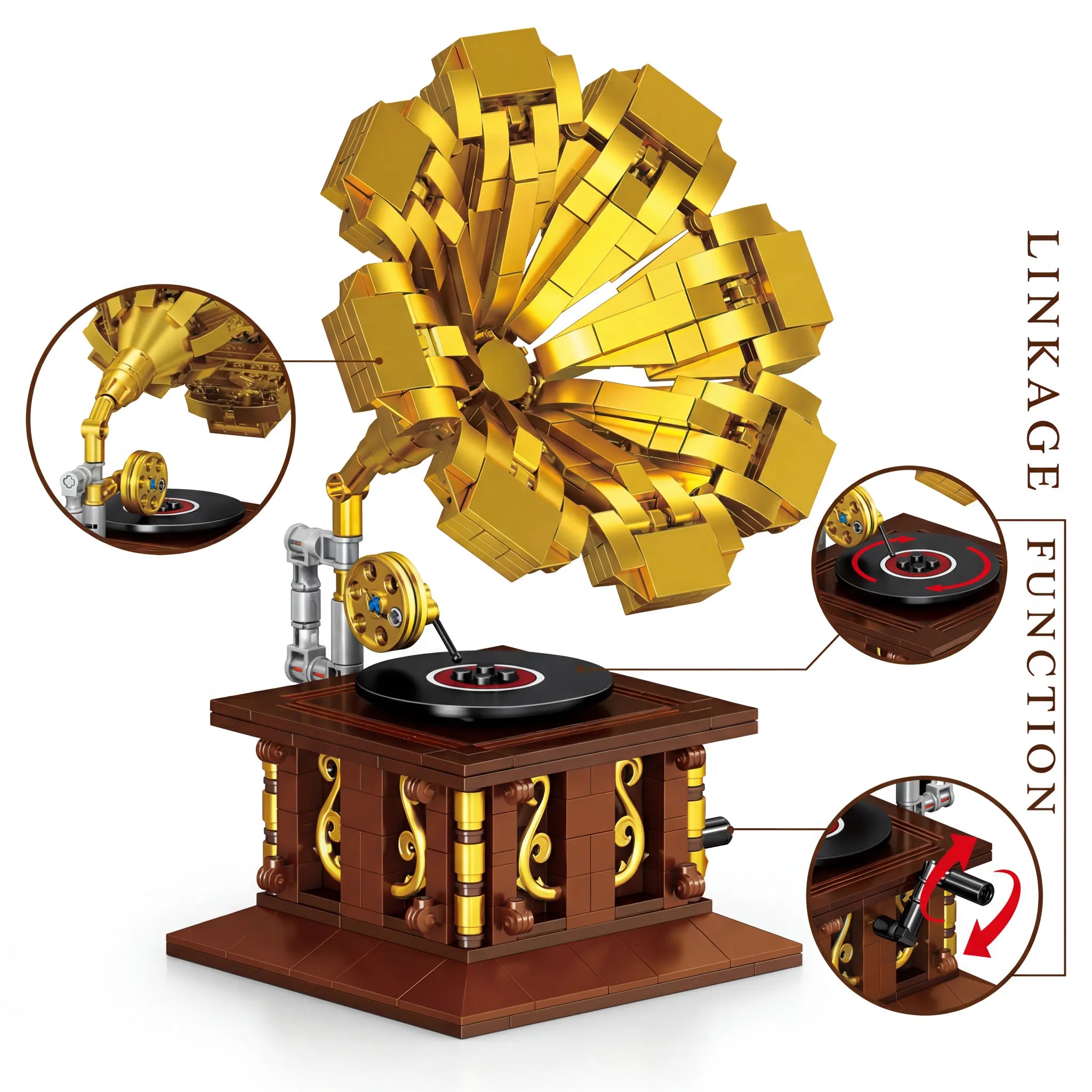 Vintage Phonograph Building Block Set | Retro Home Decor Desk Toy | Golden Gramophone Model | For Adults & Music Lovers