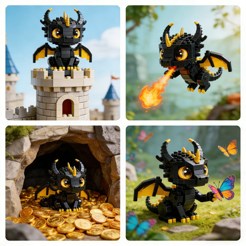 Cute Black & Gold Dragon Building Block Model Fantasy Desktop Decor