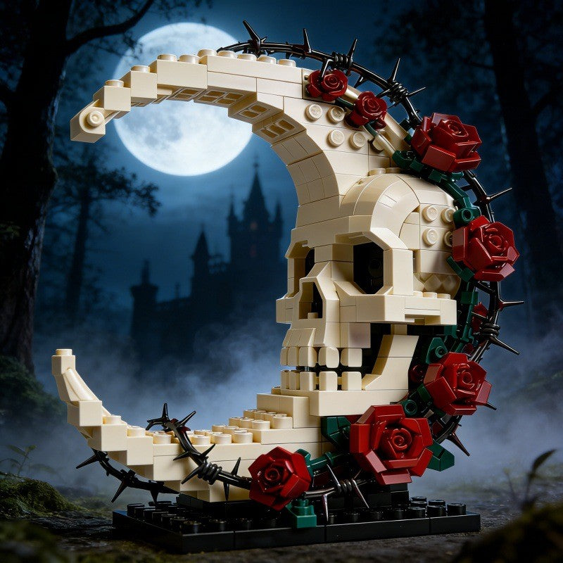 Moonlit Skull & Roses Gothic Building Block Model Dark Art Decor
