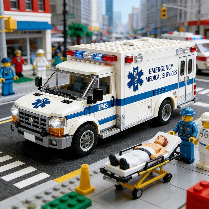 City EMS Ambulance Building Blocks Set with Lights & Doors - Realistic Emergency Rescue Toy