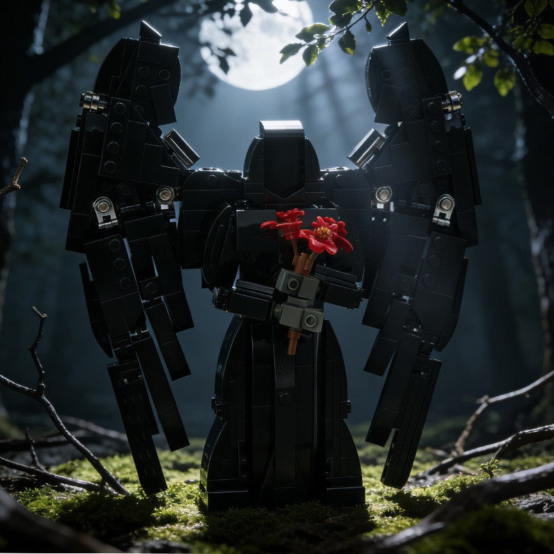 Dark Angel with Red Roses Mechanical Wings Building Block Model Gothic Collectible Decor