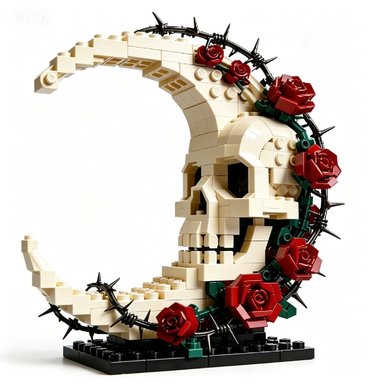 Moonlit Skull & Roses Gothic Building Block Model Dark Art Decor
