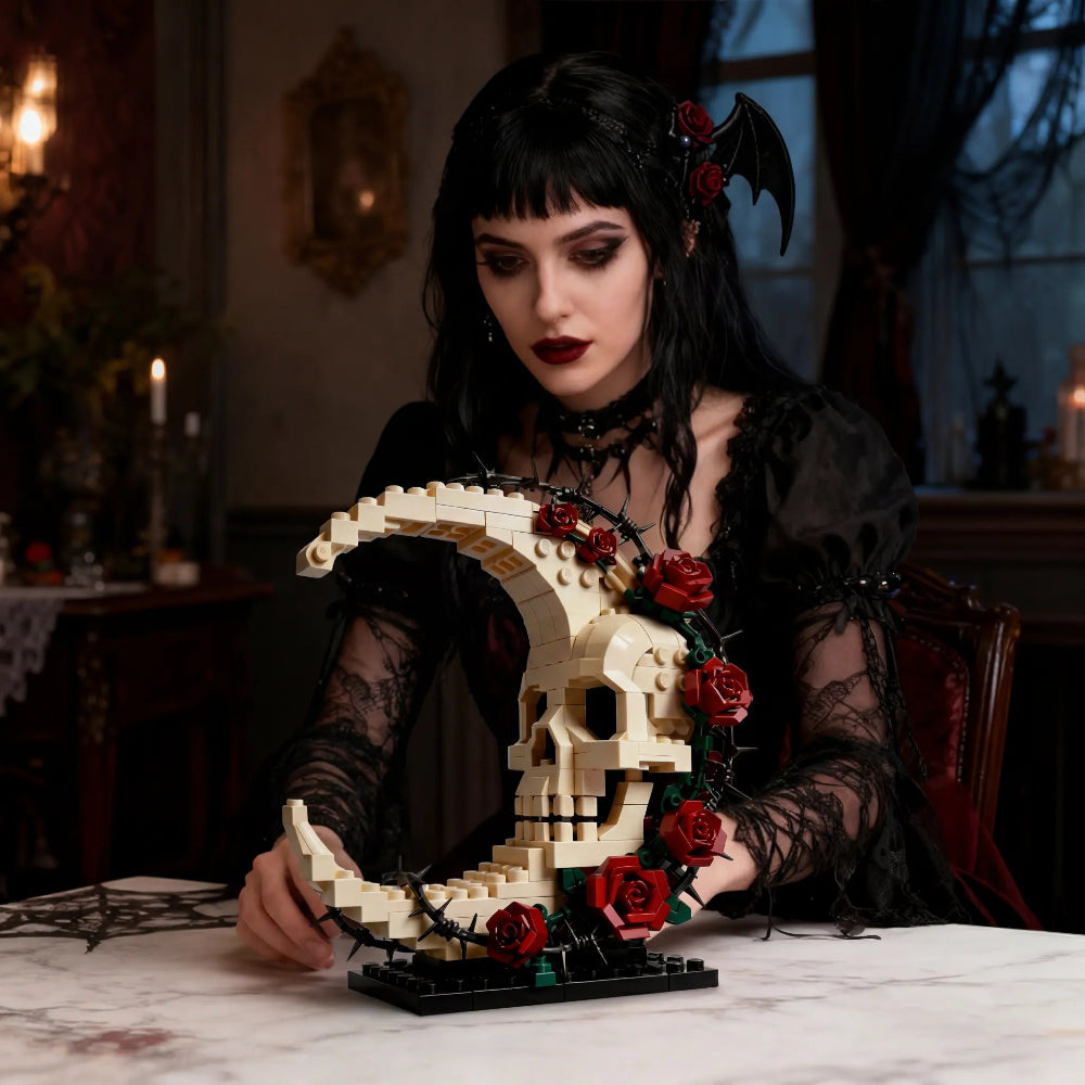 Gothic Skull Moon Rose Building Block Set | Dark Decor