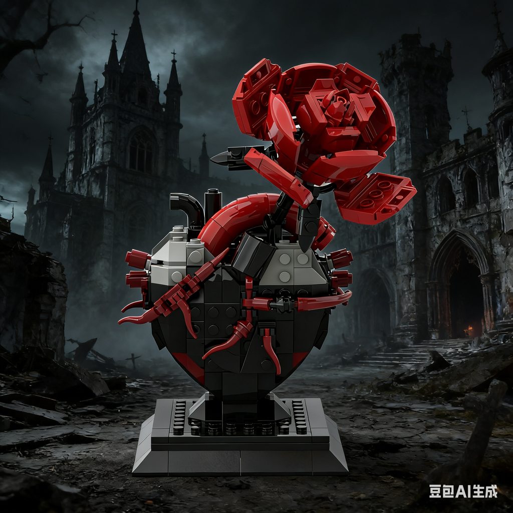 Mechanical Heart & Dark Rose Punk Building Block Model Gothic Collectible Decor